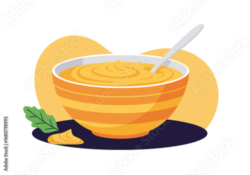 Creamy delicious vegetable soup served in a vibrant orange bowl with a spoon for a healthy and satisfying meal