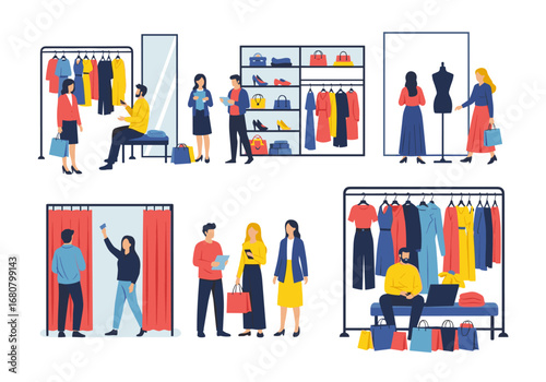 Diverse shoppers exploring a modern clothing boutique choosing stylish apparel from racks and shelves