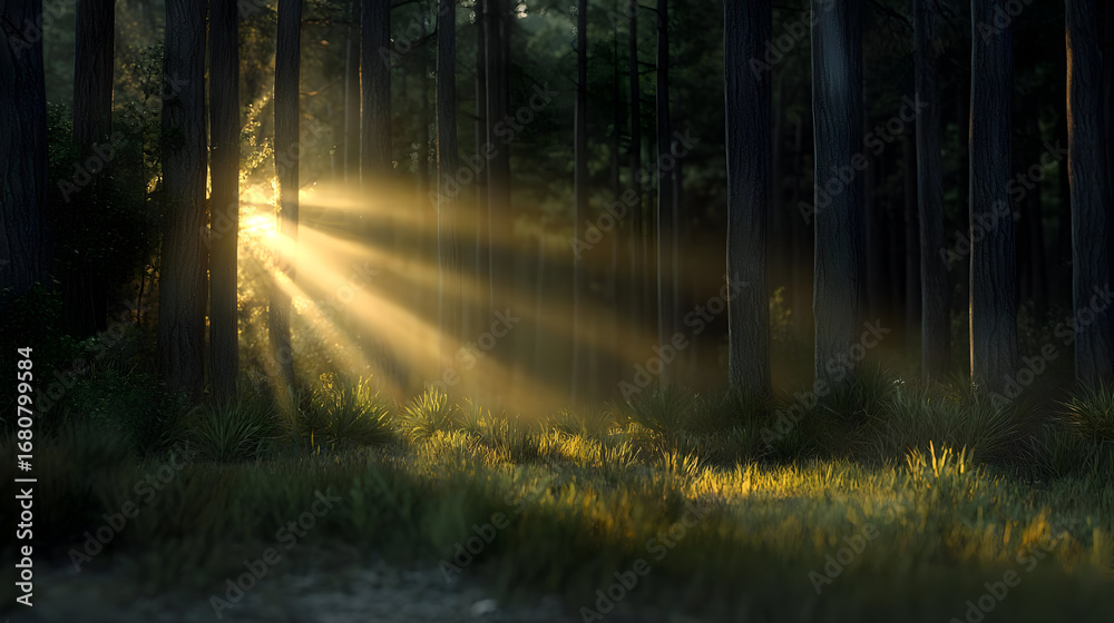 Obraz premium Golden Sunlight Rays Through Forest Trees