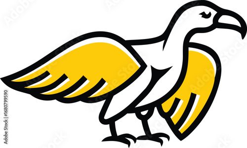 Bold vulture illustration stands fiercely, displaying black outlines and yellow wings against a white background
