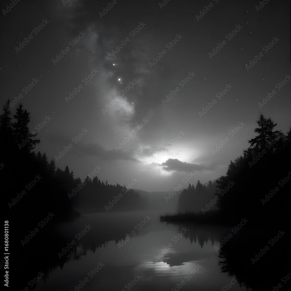 Fototapeta premium A monochrome night sky over a misty lake, framed by tall trees, with stars and the Milky Way reflecting in calm waters.