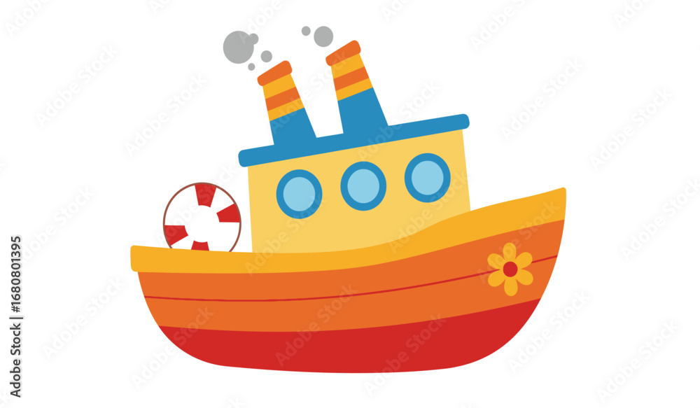 Αυτοκόλλητο A cheerful cartoon tugboat with bright orange and yellow colors blue accents and