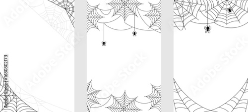 Black Spider Web and spiders, cobweb on white vertical background set, Vector illustration