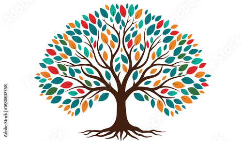 Vibrant abstract tree with colorful leaves in a spectrum of autumn and spring hues symbolizing growth diversity and life against a clean white background