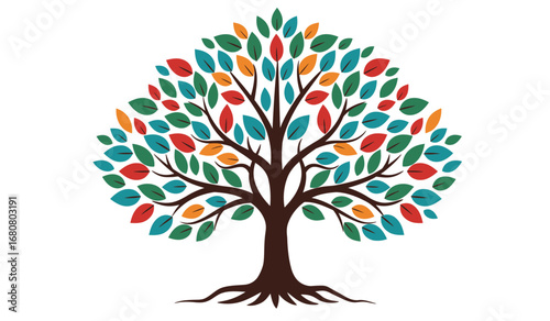 Vibrant multicolored leaves adorning a stylized tree with strong roots symbolizing growth and nature s diverse beauty on a white background