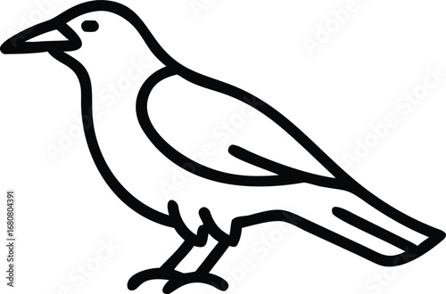 Bold black line art shows a simple bird standing on white ground