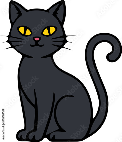 Black cat sitting patiently on white surface with bright yellow eyes and pink nose, looking directly forward in a simple cartoon style.