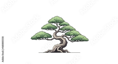 Artistic rendition of a bonsai tree with meticulously stylized foliage