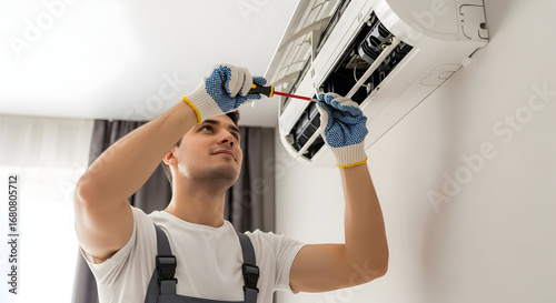 Professional HVAC Technician Servicing Modern Air Conditioning Unit with Screwdriver