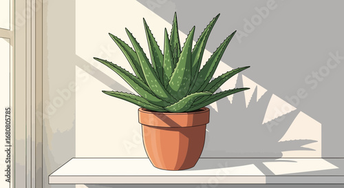 Charming Aloe Vera Plant Illustration Bathed in Gentle Sunlight on a Shelf