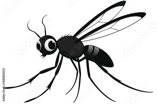 Cartoon black mosquito with huge eyes and six thin legs is standing still