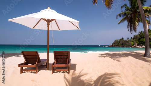 Minimalist beach scene  two wooden deck chairs and umbrella casting shadows on sand