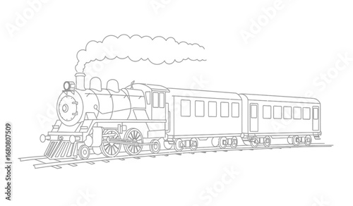 Vintage steam locomotive with passenger cars chugging along railroad tracks emitting smoke and steam in a classic line art illustration style