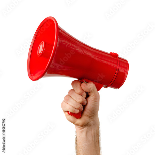 Person holding a red megaphone to announce something with clear white background