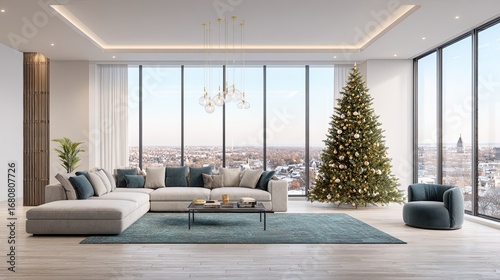 Modern living room with Christmas tree panoramic city view large windows elegant holiday interior design