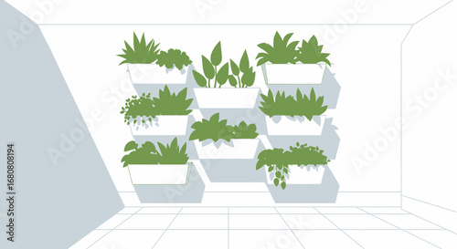 Minimalist vertical garden design with diverse green plants in white containers