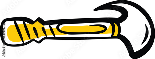 Cartoon claw hammer with yellow handle and thick black outline stands on a white backdrop