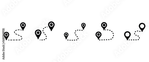 “Map Pin Location Icons Set with Route Path and Navigation Markers – Modern Place Address and Destination Pointer Symbol”