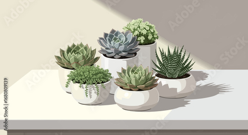 Variety of potted succulent plants arranged on a shelf indoor display