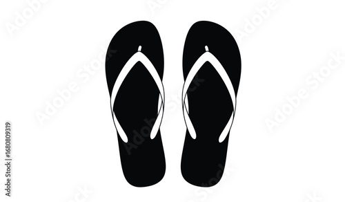 A pair of classic black flip flop sandals with white straps presented in a clean minimalist silhouette against a stark white background