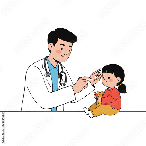 A caring male pediatrician checks a young girl's fever with a digital thermometer during a clinic visit