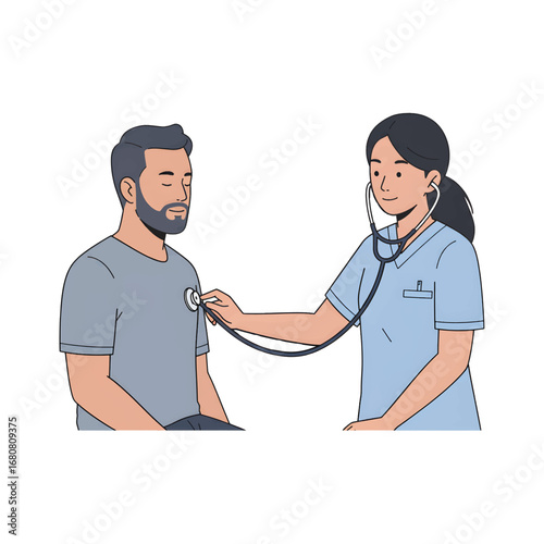 Female physician conducts a medical examination on a male patient, using a stethoscope to listen to his chest for a routine health check-up. Vector illustration