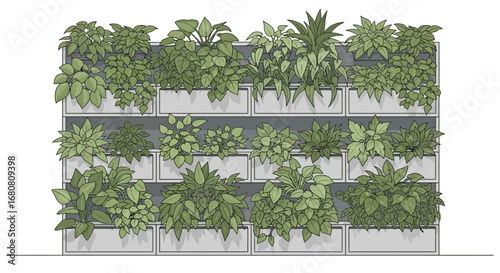 Vertical garden filled with diverse plants cascading from elevated planters