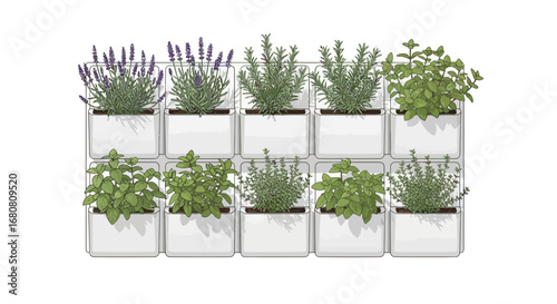 Vertical herb garden with lavender, rosemary, thyme, and mint in white pots