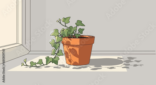 A captivating illustration of a potted ivy plant casting a shadow indoors