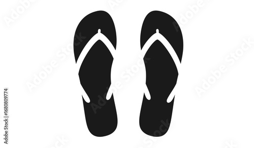 A pair of classic black flip flops with white straps presented in a clean silhouette against a stark white background symbolizing summer footwear