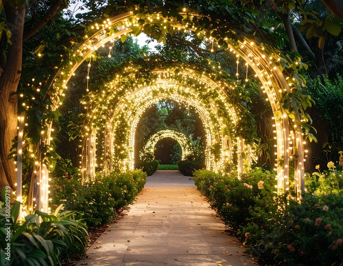Glowing archway tunnel decorated with festive fairy lights in a beautiful garden for the Diwali festival of lights