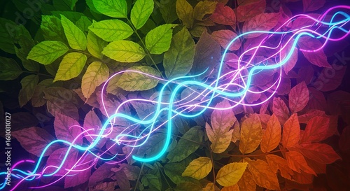 A vibrant, abstract depiction of energy flowing through leaves, showcasing the interconnectedness of nature through a spectrum of color and dynamic lines.