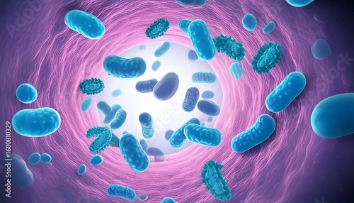 3D Illustration of Harmful Bacteria Floating in Degraded Intestinal Environment.
