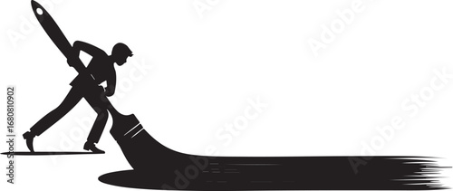 Silhouette of a man painting a long black stroke with a large brush vector
