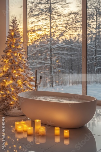 Cozy bathroom with modern bathtub candles and Christmas tree by window with snowy winter landscape