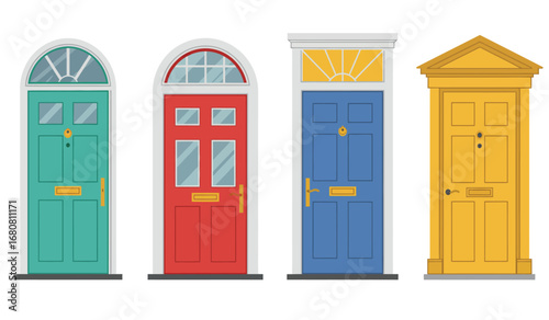 A collection of four colorful and distinct front doors with varied architectural styles and decorative elements showcasing unique entryway designs