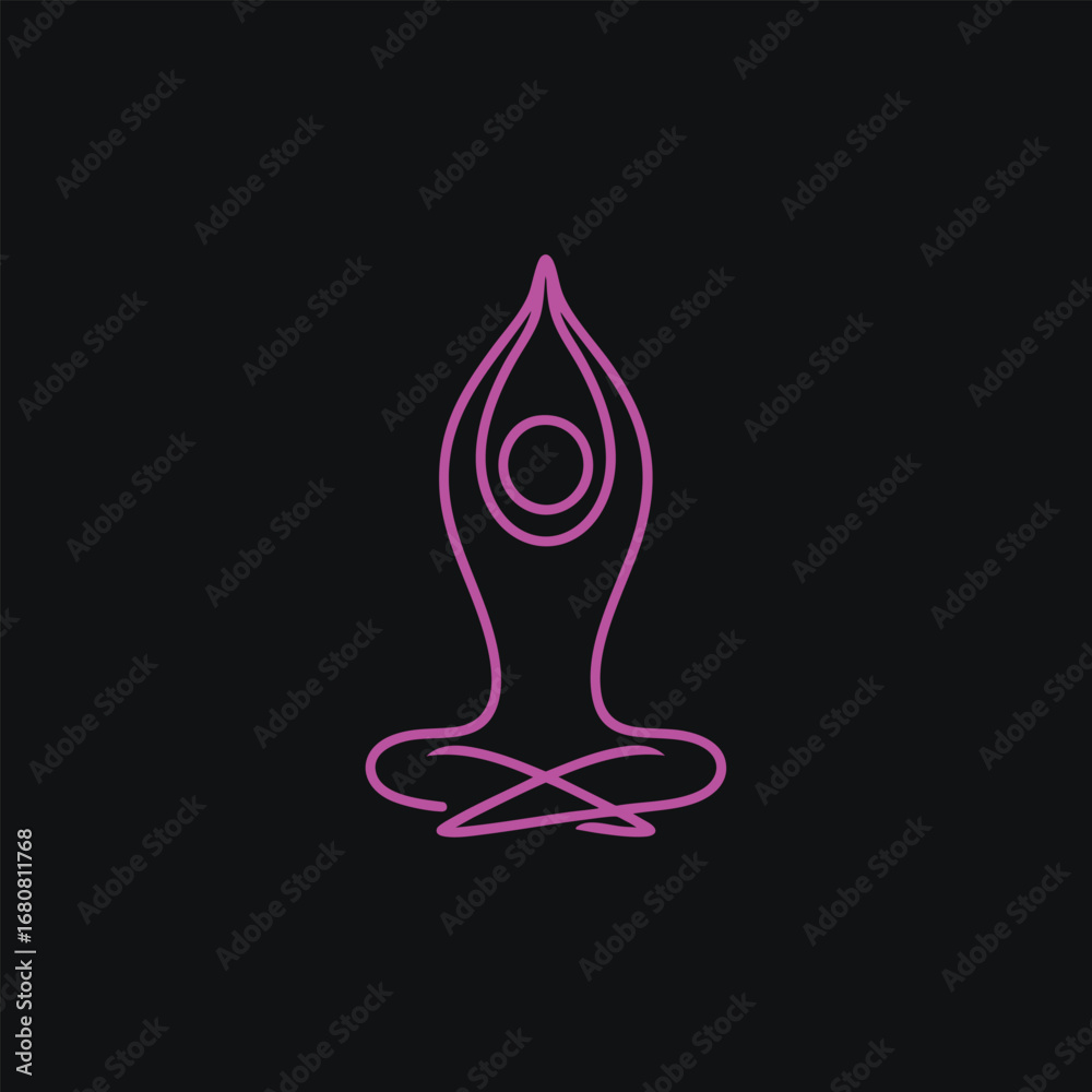 Fototapeta premium Minimalistic yoga pose outline in purple on a black background, symbolizing tranquility and mindfulness for wellness themes