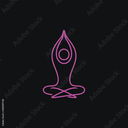 Minimalistic yoga pose outline in purple on a black background, symbolizing tranquility and mindfulness for wellness themes