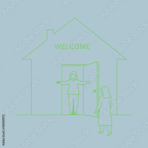 Two figures interact at an open door of a house, symbolizing a warm welcome in a minimalist, pastel-colored setting