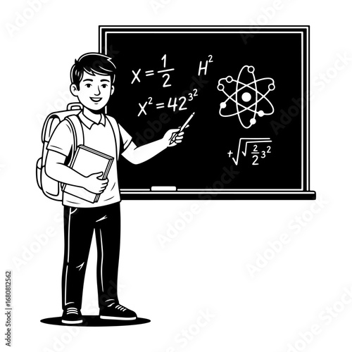 A student with a backpack and books presents math and science equations on Blackboard—an illustration suitable for online class content, e-learning educational materials, and teaching posters.