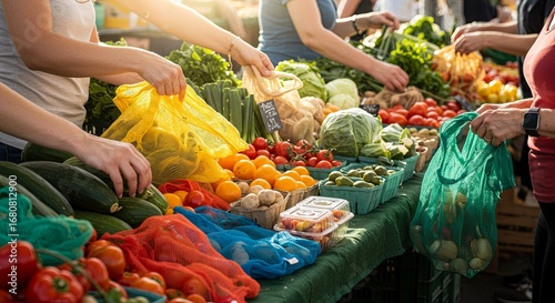 A vibrant farmers market scene bustles with shoppers, overflowing with fresh, colorful produce under the warm sun. Customers peruse a vibrant assortment of fruits and vegetables.