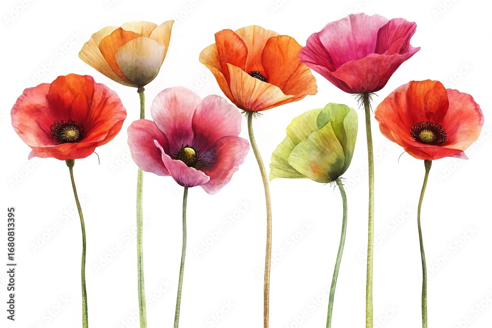 Obraz premium Elegant watercolor painting of seven colorful poppies isolated on a white background