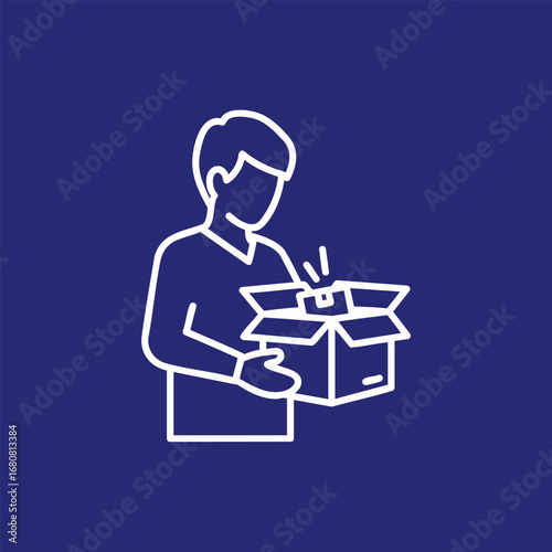 Person unboxing a package with excitement, set against a simple blue background, highlighting the joy of receiving deliveries