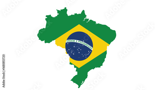 Map outline of brazil filled with the vibrant colors of the national flag representing patriotism and national identity