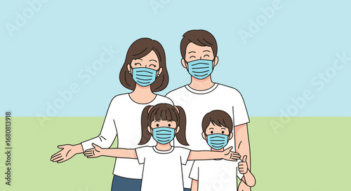 A cheerful cartoon family, including parents and two children, stands together wearing protective medical masks to promote health and safety during a global pandemic.
