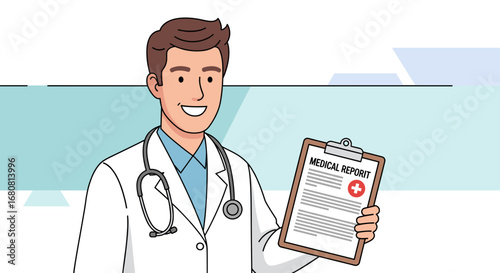 A smiling male doctor in a white lab coat and stethoscope confidently presents a medical report on a clipboard, symbolizing professional healthcare and diagnosis.