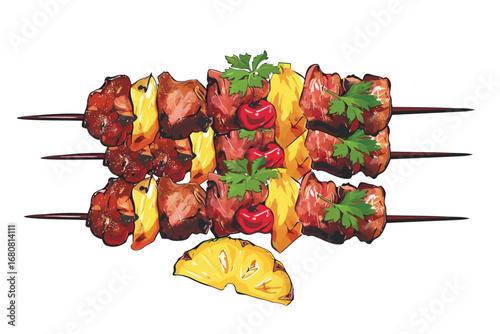 Sweet and Sour Pork Kebabs with Pineapple isolated illustration