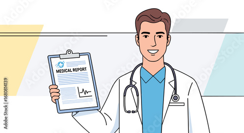 A smiling male doctor in a white coat with a stethoscope displays a medical report on a clipboard, symbolizing healthcare data and professional care.
