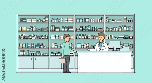 A customer receives medication from a friendly pharmacist at the counter in a modern, well-stocked pharmacy, showcasing excellent healthcare service.