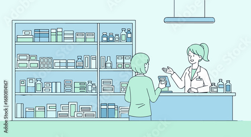 A friendly pharmacist assists a customer at a modern drugstore, surrounded by shelves stocked with various medical products and health supplies.
